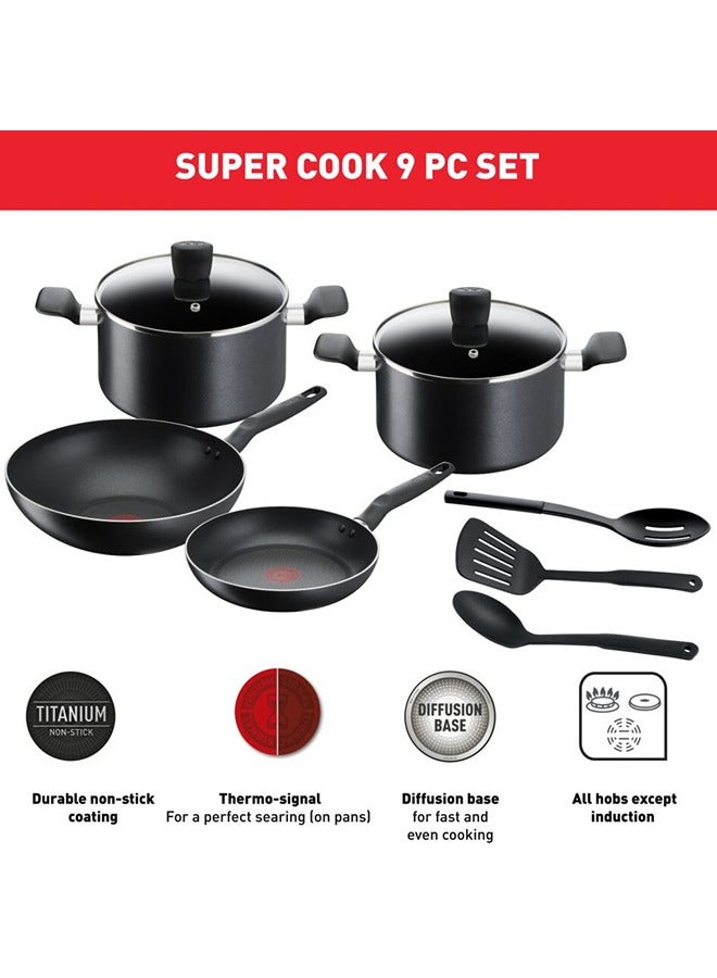 Tefal Super Cook 9 pc set frypan 24 cm wokpan 28 cm stewpots 22/24 cm spoon slotted spoon slotted spatula B459S984 Black - Image 2