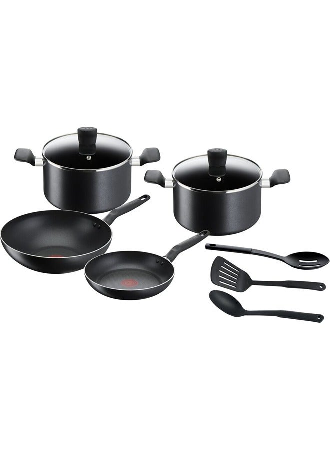 Tefal Super Cook 9 pc set frypan 24 cm wokpan 28 cm stewpots 22/24 cm spoon slotted spoon slotted spatula B459S984 Black - Image 1