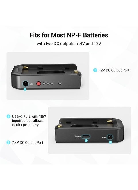 SmallRig NP-F Battery Adapter Plate for DSLR & Mirrorless Cameras, Compatible with Most of NP-F Battery, Comes with 8V/12V DC and Type-C Output Ports, LED Low Battery Indicator - 3168