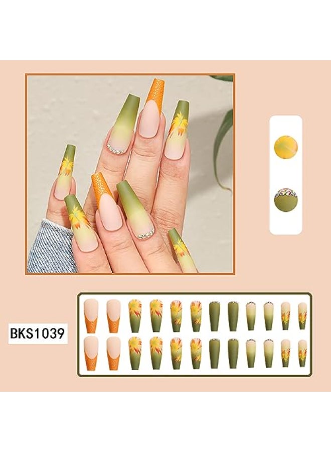 Vezocim Autumn Press on Nails Square Shapes 24Pcs Long Artificial Fake Nails with Maple Leaf Designs Full Cover Rhinestone Acrylic False Nails Stick on Fall Thanksgiving Fingernails for Women - Image 3