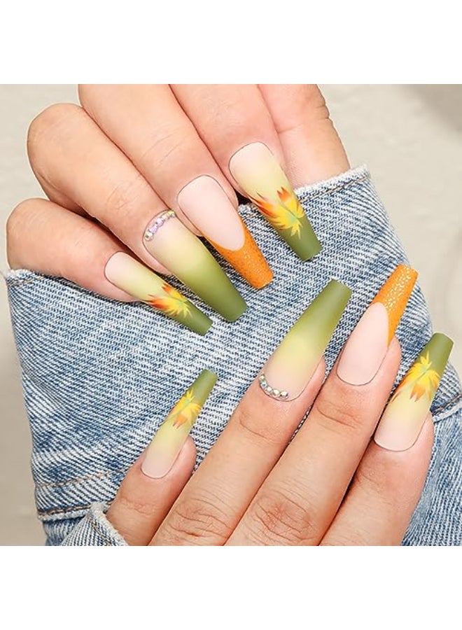 Vezocim Autumn Press on Nails Square Shapes 24Pcs Long Artificial Fake Nails with Maple Leaf Designs Full Cover Rhinestone Acrylic False Nails Stick on Fall Thanksgiving Fingernails for Women - Image 1