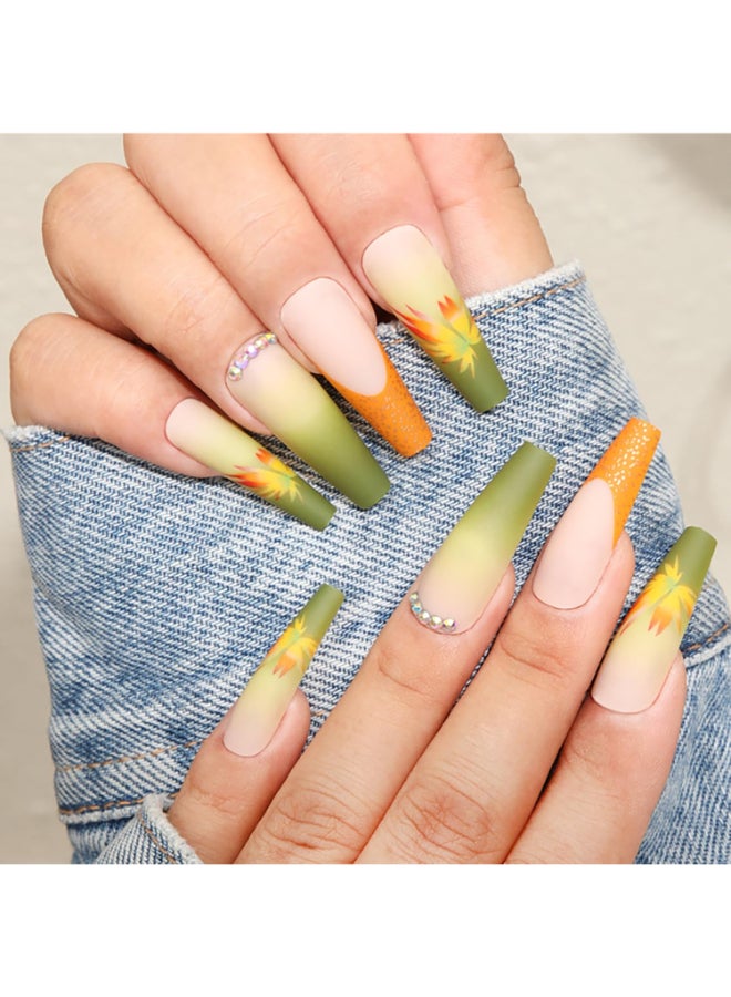 Vezocim Autumn Press on Nails Square Shapes 24Pcs Long Artificial Fake Nails with Maple Leaf Designs Full Cover Rhinestone Acrylic False Nails Stick on Fall Thanksgiving Fingernails for Women - Image 2