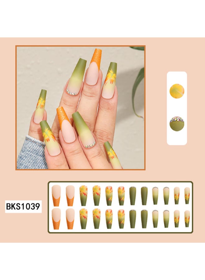 Vezocim Autumn Press on Nails Square Shapes 24Pcs Long Artificial Fake Nails with Maple Leaf Designs Full Cover Rhinestone Acrylic False Nails Stick on Fall Thanksgiving Fingernails for Women - Image 4