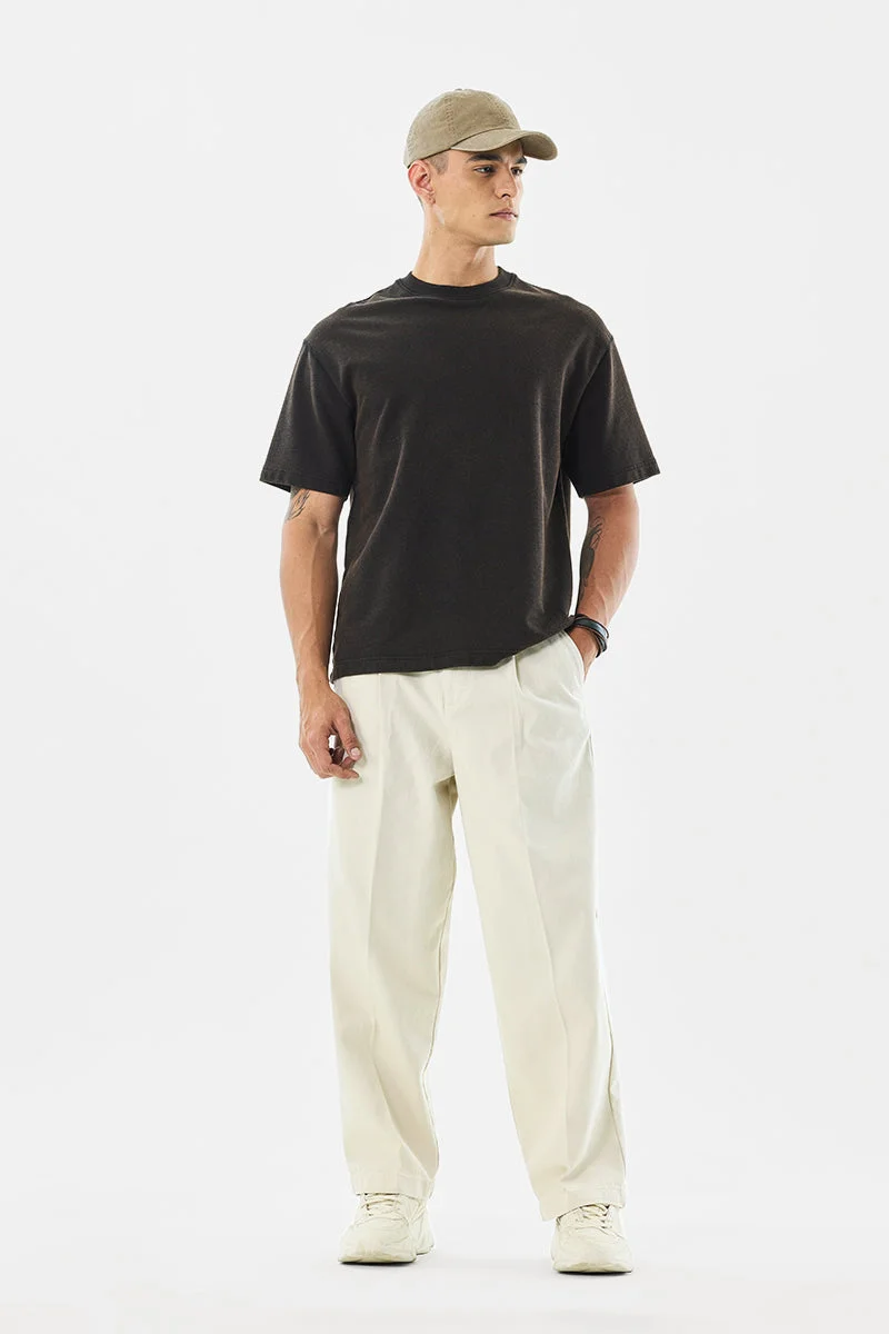 سنيتش Cream Textured Wide Leg Casual Trousers