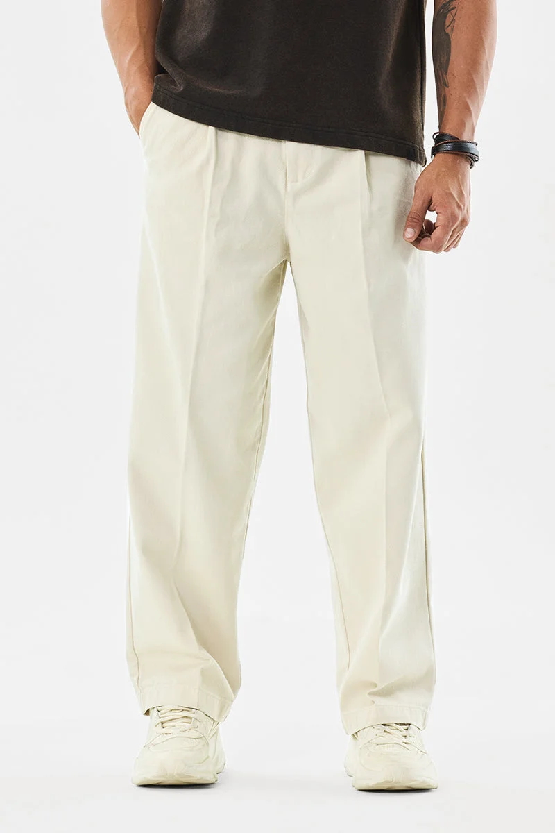 سنيتش Cream Textured Wide Leg Casual Trousers