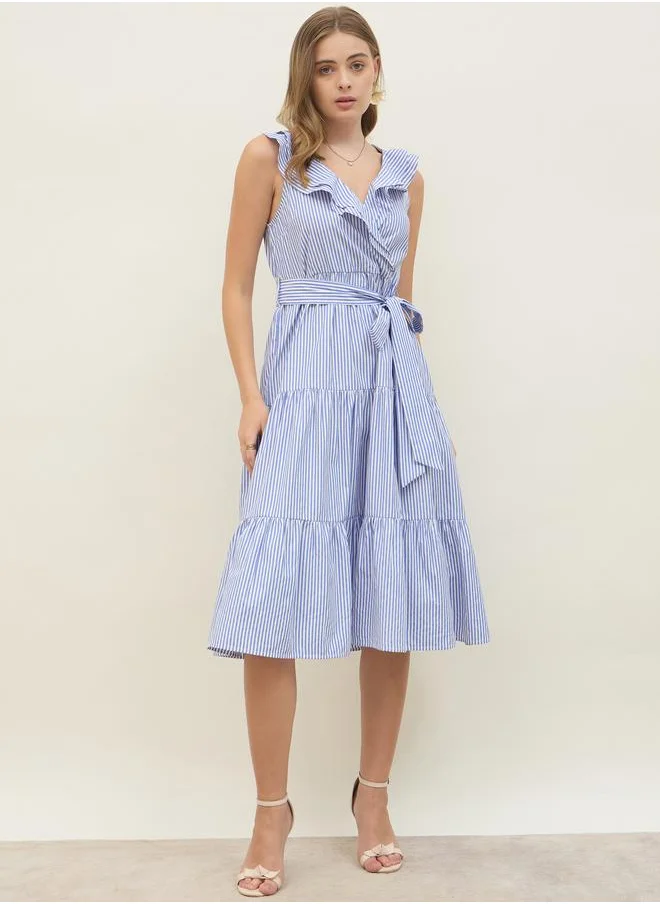 ستايلي Styli Striped Sleeveless Wrap Look A-Line Midi Dress