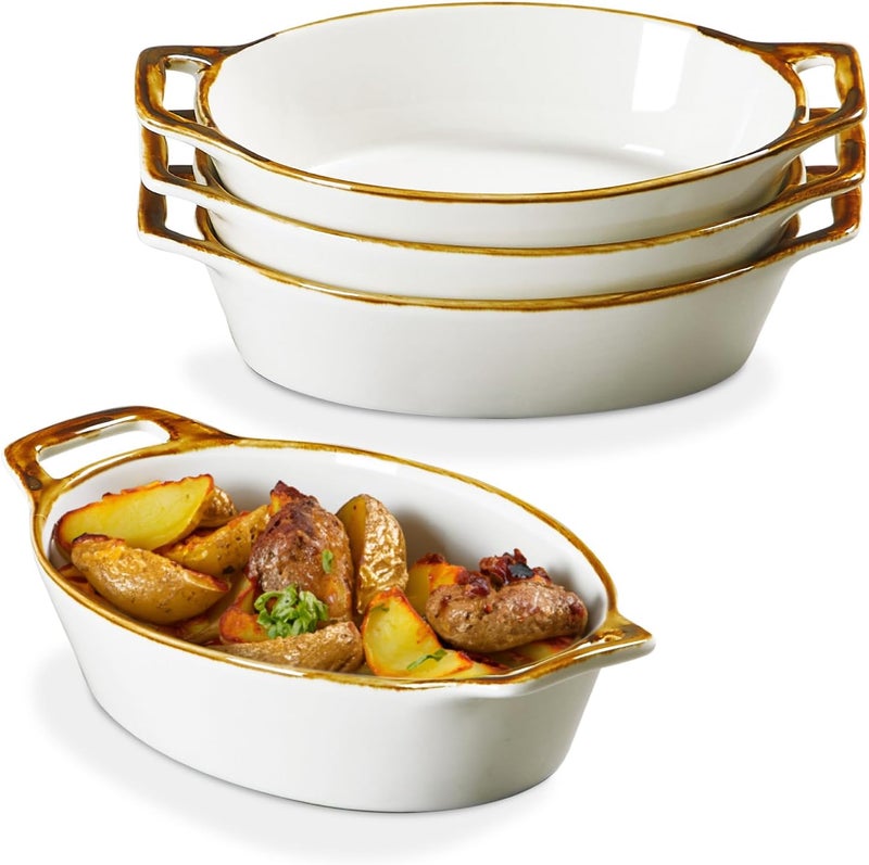ONEMORE Au Gratin Baking Dish 20 oz Oval Ceramic Small Casserole Dishes with Handles 6x8 Individual Baking Dish for 12 People Oven Safe for Pies  Meals Set of 4 Single Serving Dishes Brown Rim - Image 1