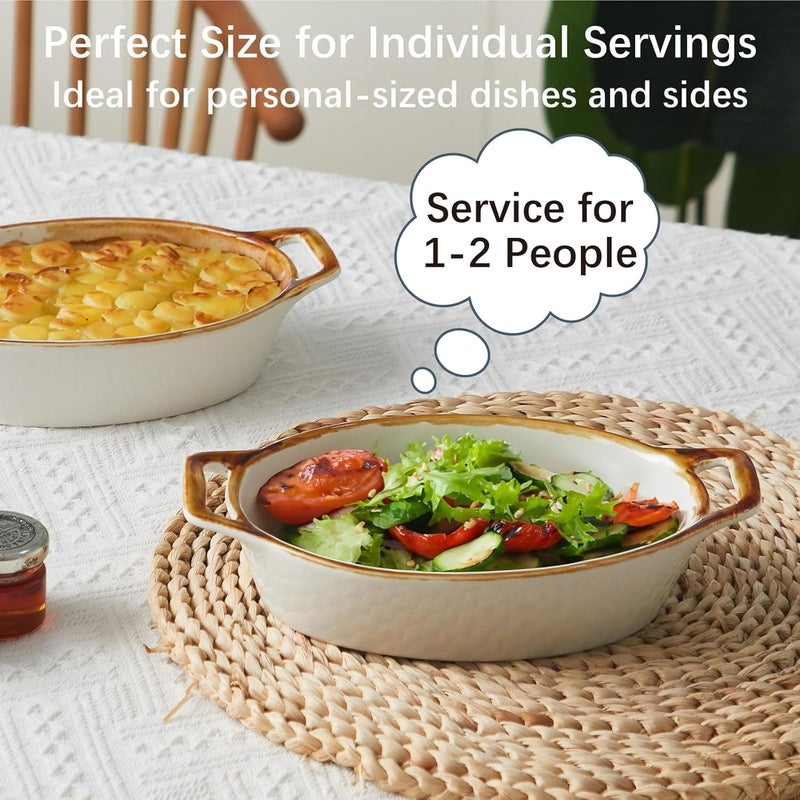 ONEMORE Au Gratin Baking Dish 20 oz Oval Ceramic Small Casserole Dishes with Handles 6x8 Individual Baking Dish for 12 People Oven Safe for Pies  Meals Set of 4 Single Serving Dishes Brown Rim - Image 2