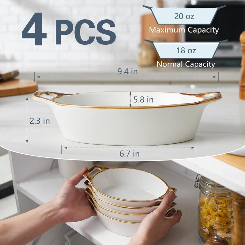 ONEMORE Au Gratin Baking Dish 20 oz Oval Ceramic Small Casserole Dishes with Handles 6x8 Individual Baking Dish for 12 People Oven Safe for Pies  Meals Set of 4 Single Serving Dishes Brown Rim - Image 3