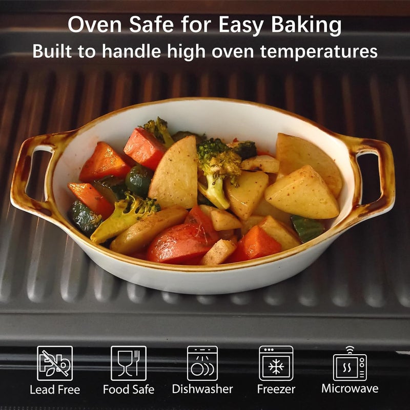 ONEMORE Au Gratin Baking Dish 20 oz Oval Ceramic Small Casserole Dishes with Handles 6x8 Individual Baking Dish for 12 People Oven Safe for Pies  Meals Set of 4 Single Serving Dishes Brown Rim - Image 4
