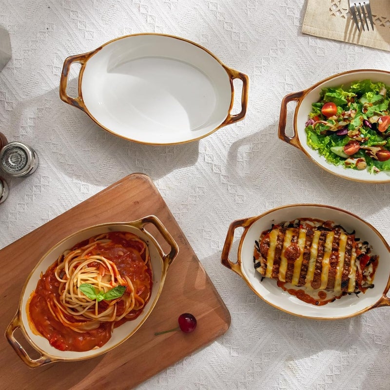 ONEMORE Au Gratin Baking Dish 20 oz Oval Ceramic Small Casserole Dishes with Handles 6x8 Individual Baking Dish for 12 People Oven Safe for Pies  Meals Set of 4 Single Serving Dishes Brown Rim - Image 5