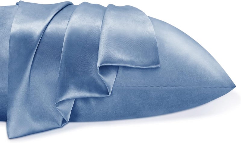 GO WELL Solid Satin Silk Pillow Covers Pack of 2 for Hair and Skin-with Satin Scrunchies for Women Stylish|Satin Pillow Cover for Hair|scrunchies for Women 3-Piece|Silk Pillow case (Airy Blue) 600TC - Image 5
