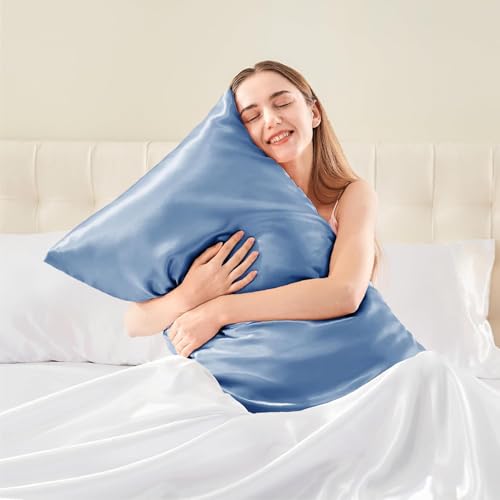 GO WELL Solid Satin Silk Pillow Covers Pack of 2 for Hair and Skin-with Satin Scrunchies for Women Stylish|Satin Pillow Cover for Hair|scrunchies for Women 3-Piece|Silk Pillow case (Airy Blue) 600TC - Image 3