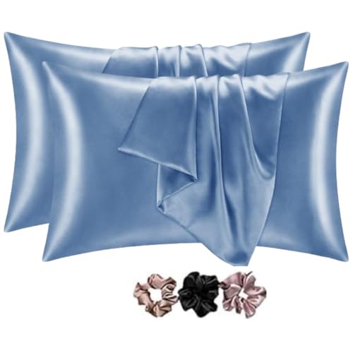 GO WELL Solid Satin Silk Pillow Covers Pack of 2 for Hair and Skin-with Satin Scrunchies for Women Stylish|Satin Pillow Cover for Hair|scrunchies for Women 3-Piece|Silk Pillow case (Airy Blue) 600TC - Image 1