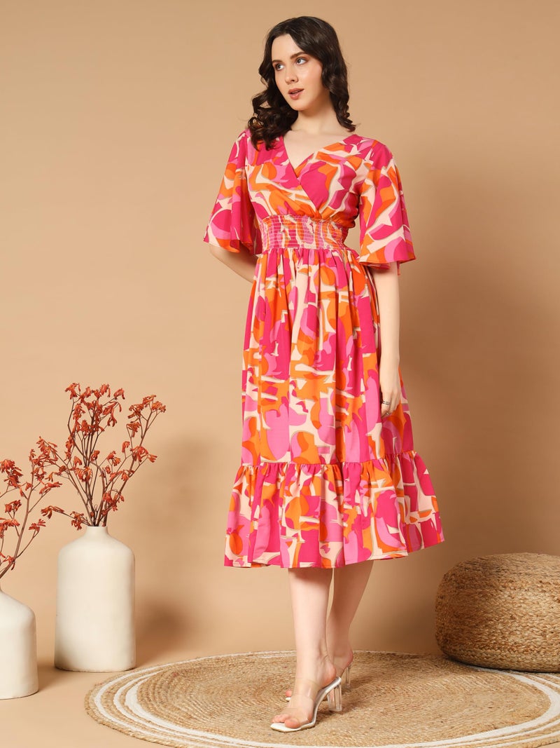KZULLY | Beautiful Floral Pattern & Flared Sleeve | Print Midi Dress | Eye-Catching Design | Perfect for Casual, Office Flattering Fit and Soft, Comfortable Fabric - Image 4