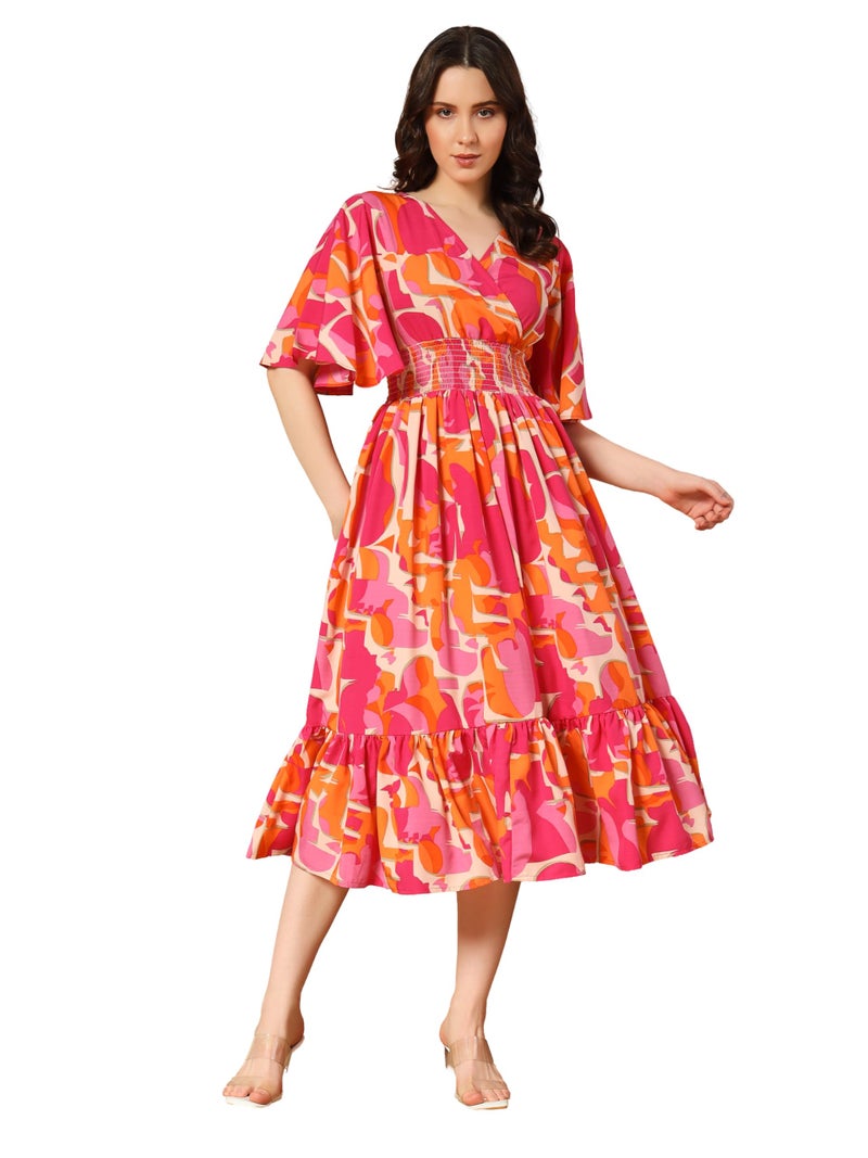 KZULLY | Beautiful Floral Pattern & Flared Sleeve | Print Midi Dress | Eye-Catching Design | Perfect for Casual, Office Flattering Fit and Soft, Comfortable Fabric - Image 1