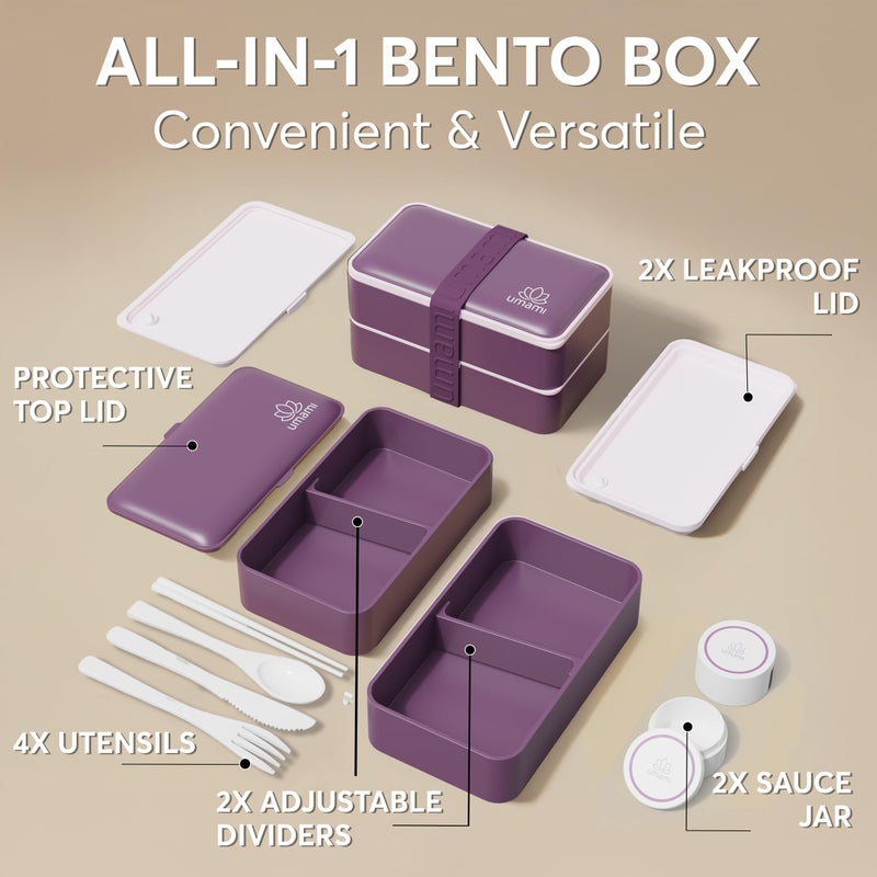 Umami Bento Box Adult All-In-1 w/4 Utensils, 2 Sauce Jars, 2 Dividers, 100% Leakproof, Microwave & Dishwasher Safe, Stackable Bento Lunch Box Containers for Men/Women, Royal Purple, 40 oz - Image 3