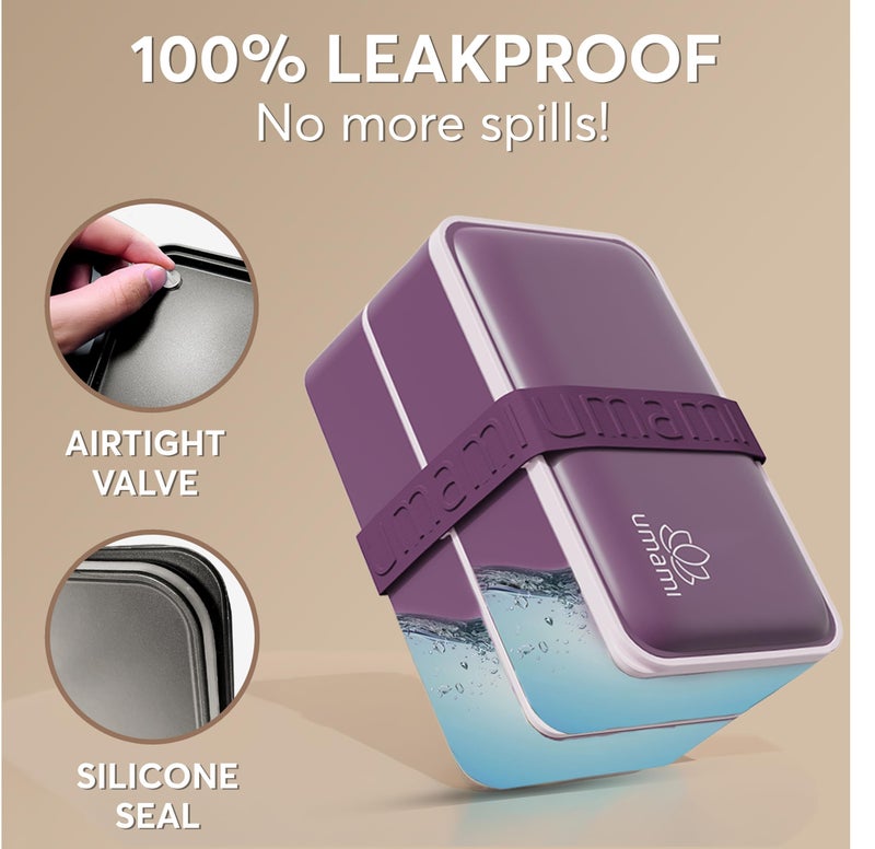 Umami Bento Box Adult All-In-1 w/4 Utensils, 2 Sauce Jars, 2 Dividers, 100% Leakproof, Microwave & Dishwasher Safe, Stackable Bento Lunch Box Containers for Men/Women, Royal Purple, 40 oz - Image 4