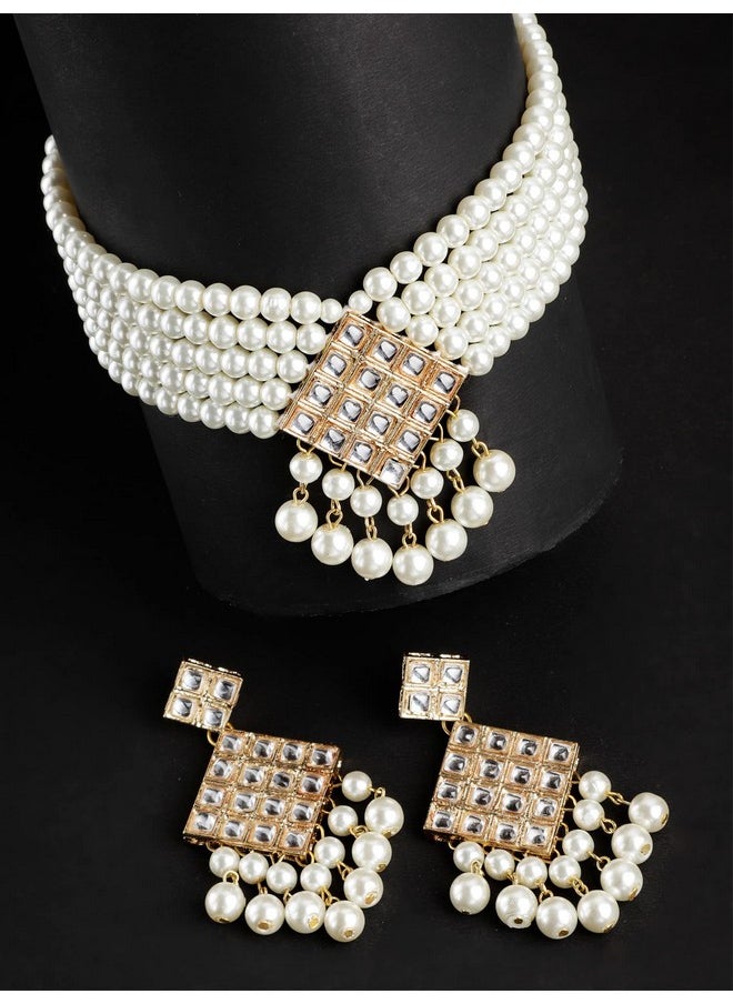 Karatcart - Karatcart Handcrafted Pearl Beads Gold Plated Kundan Choker Necklace Set for Women - Image 1