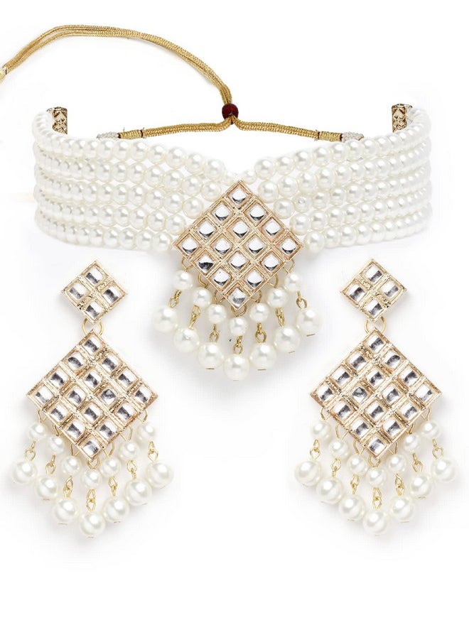 Karatcart - Karatcart Handcrafted Pearl Beads Gold Plated Kundan Choker Necklace Set for Women - Image 1