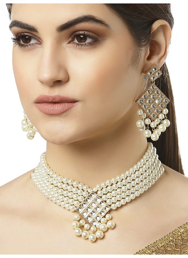 Karatcart - Karatcart Handcrafted Pearl Beads Gold Plated Kundan Choker Necklace Set for Women - Image 1