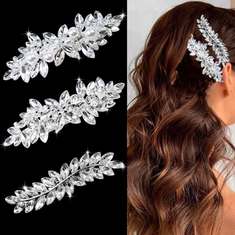 LAPOHI 3 Pieces Rhinestone Bridal Hair Clips Leaf Wedding Hair Pins Crystal Bobby Pins Silver Hairpin Jewelry Barrette for Brides Bridesmaids Flower Girls - Image 1