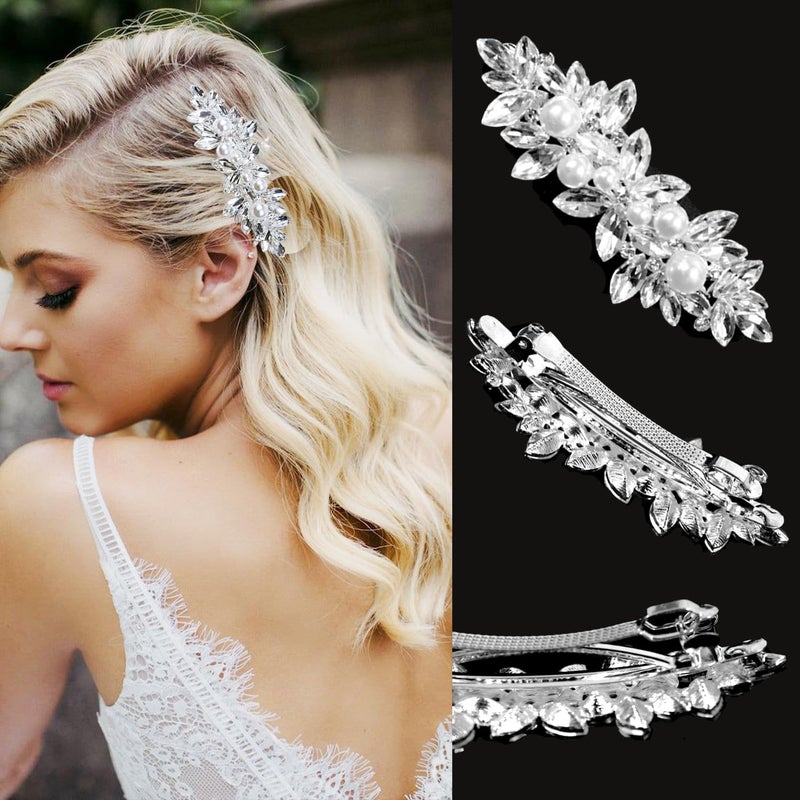 LAPOHI 3 Pieces Rhinestone Bridal Hair Clips Leaf Wedding Hair Pins Crystal Bobby Pins Silver Hairpin Jewelry Barrette for Brides Bridesmaids Flower Girls - Image 4