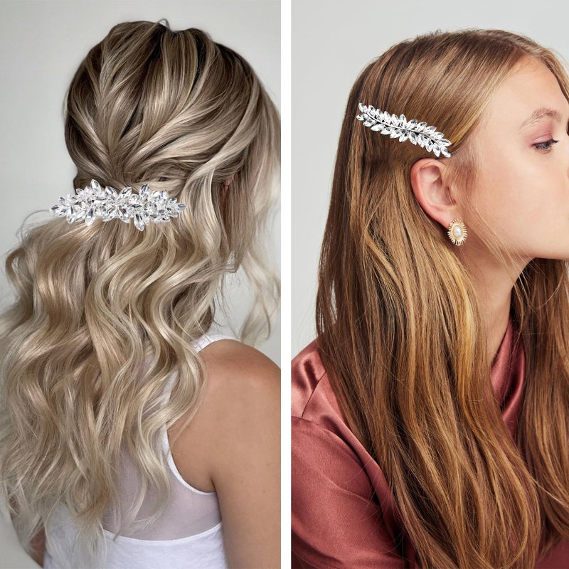 LAPOHI 3 Pieces Rhinestone Bridal Hair Clips Leaf Wedding Hair Pins Crystal Bobby Pins Silver Hairpin Jewelry Barrette for Brides Bridesmaids Flower Girls - Image 2