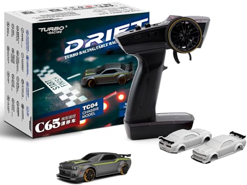 FLYCOLOR Turbo Racing 1:76 Scale Drift RC Car with Gyro Mini Full Proportional RTR 2.4GHZ Remote Control with 2 Replaceable Body Shell (C65-GREY) - Image 1