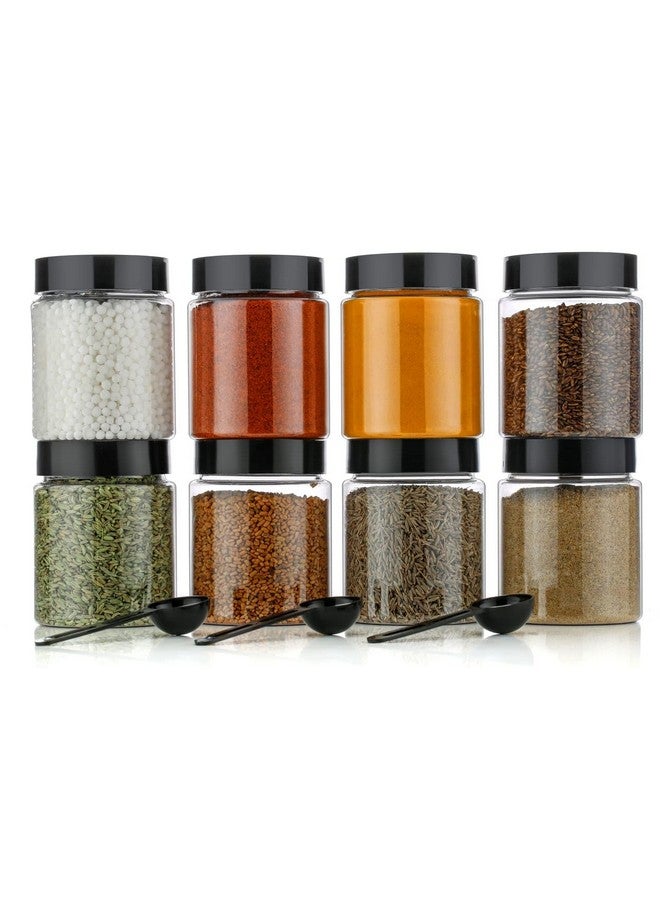 HAPPI Multipurpose Unbreakable Plastic Transparent Storage Containers For Kitchen Airtight Masala Box Dabba Spice, Cereal, Dry Fruits Spice Box 250 Ml Round With Spoons (Set Of 8 Pcs), Black - Image 1