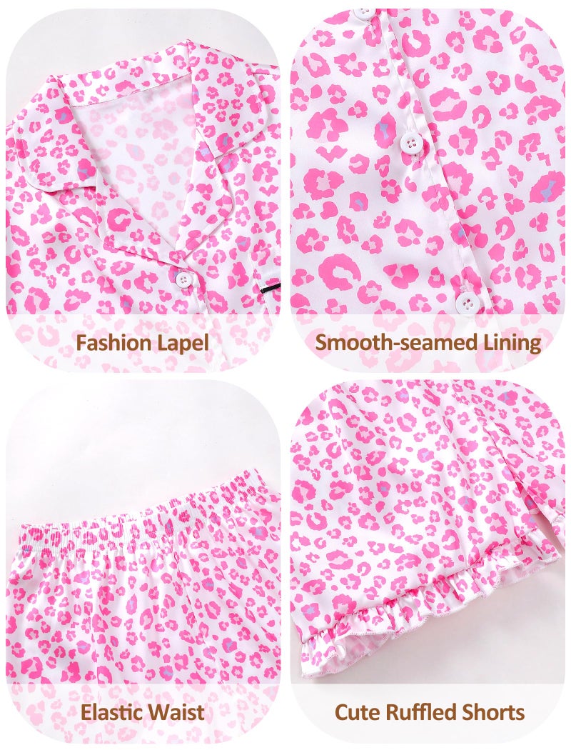 Mikrdoo Girls Silk Pajamas Fashion Satin Short Sleeve Sleepwear Summer 2 Pieces Cute PJs, Pink Leopard,Size 10 Years - Image 5