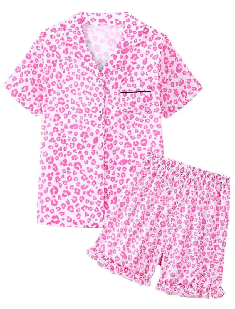 Mikrdoo Girls Silk Pajamas Fashion Satin Short Sleeve Sleepwear Summer 2 Pieces Cute PJs, Pink Leopard,Size 10 Years - Image 1