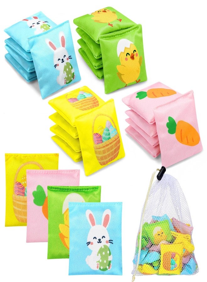 LaRandom 21 Pcs Easter Cornhole Bean Bags with White Mesh Drawstring Bag 2 x 2 Inch Rabbit Chick Carrot Egg Basket Beanbags for Toss Party Toy Throwing Games - Image 1