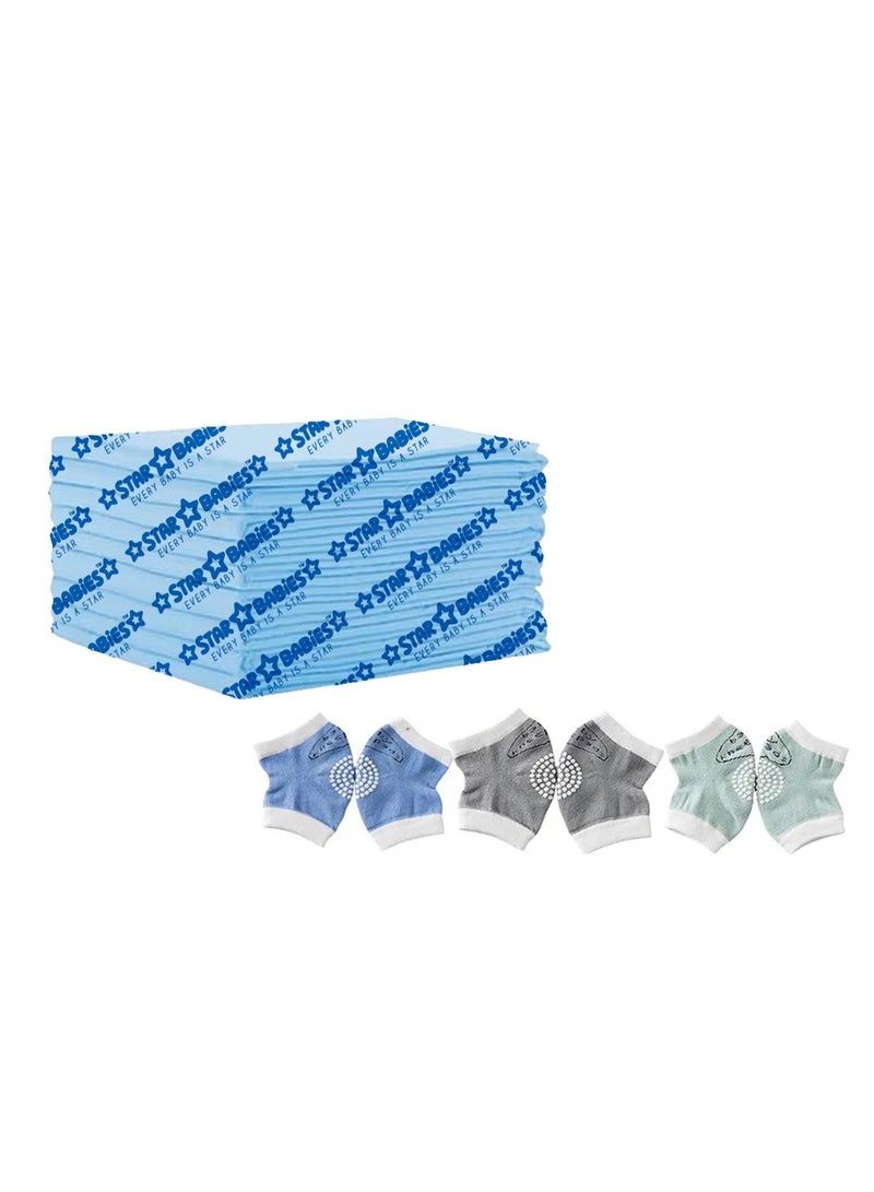 Star Babies - Combo Pack of 2- Disposable Changing Mat Pack of 12 with Baby Boy's Knee Pad - Blue - Image 1