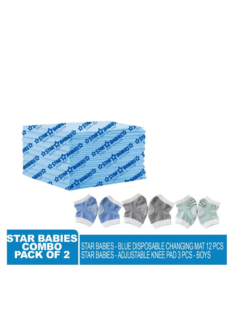 Star Babies - Combo Pack of 2- Disposable Changing Mat Pack of 12 with Baby Boy's Knee Pad - Blue - Image 2