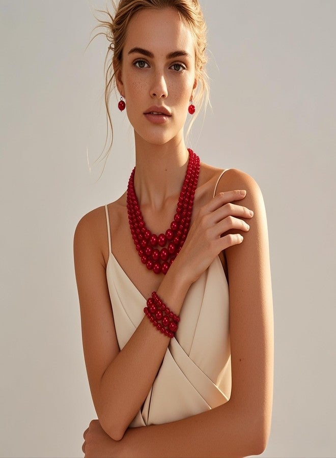 KOSMOS-LI Large Jewelry Sets 3 Layer Simulated Red Pearl Women's Statement 18" Necklace Bracelet and Earrings - Image 3