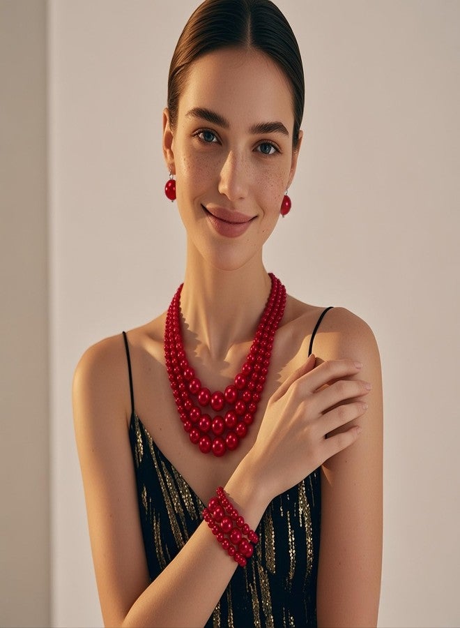 KOSMOS-LI Large Jewelry Sets 3 Layer Simulated Red Pearl Women's Statement 18" Necklace Bracelet and Earrings - Image 2