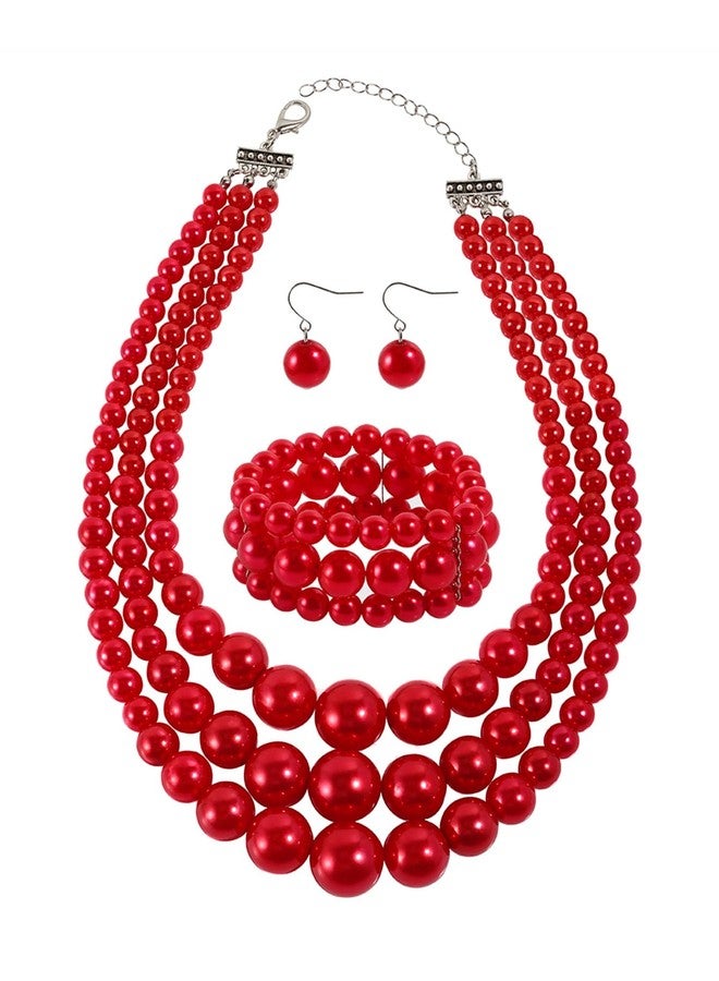 KOSMOS-LI Large Jewelry Sets 3 Layer Simulated Red Pearl Women's Statement 18" Necklace Bracelet and Earrings - Image 1