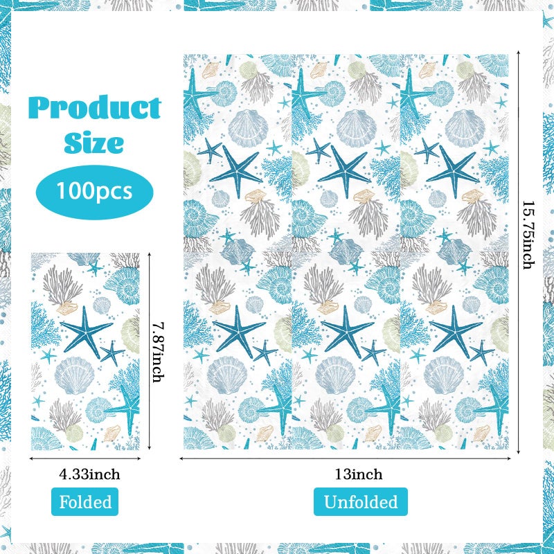 Grencian 100 Pcs Coastal Beach Paper Napkins 3 Ply Blue Sea Starfish Seashell Coral Disposable Absorbent Hand Towels Nautical Ocean Guest Bathroom Napkins for Summer Wedding Dinner Birthday Party Supplies - Image 4