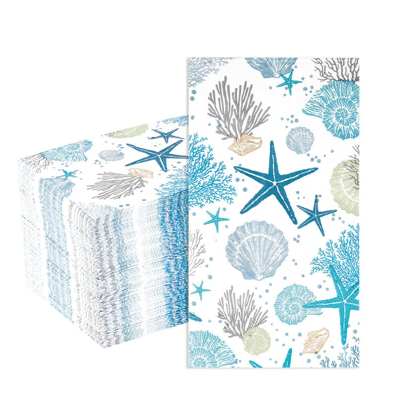 Grencian 100 Pcs Coastal Beach Paper Napkins 3 Ply Blue Sea Starfish Seashell Coral Disposable Absorbent Hand Towels Nautical Ocean Guest Bathroom Napkins for Summer Wedding Dinner Birthday Party Supplies - Image 1