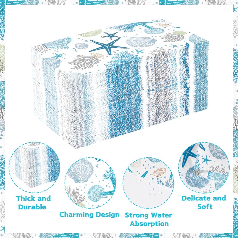 Grencian 100 Pcs Coastal Beach Paper Napkins 3 Ply Blue Sea Starfish Seashell Coral Disposable Absorbent Hand Towels Nautical Ocean Guest Bathroom Napkins for Summer Wedding Dinner Birthday Party Supplies - Image 3