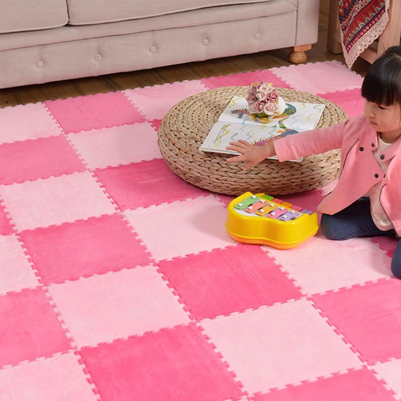Typutomi 12pcs Plush Puzzle Foam Floor Mat, Soft Thicken Fluffy Interlocking Square Foam Tiles Area Rugs Carpet for Parlor Bedroom Decoration(11.8x11.8x0.55in,Rose Red&Pink) - Image 5