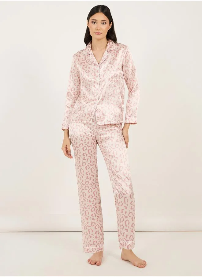 Styli Satin Leopard Print Long Sleeves Shirt & Pyjama Set