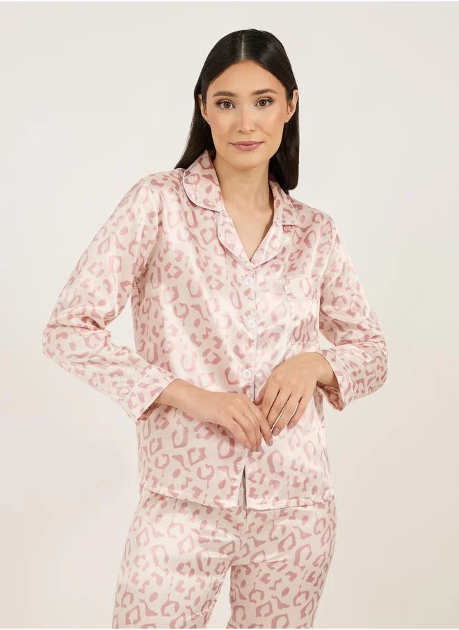 Styli Satin Leopard Print Long Sleeves Shirt & Pyjama Set