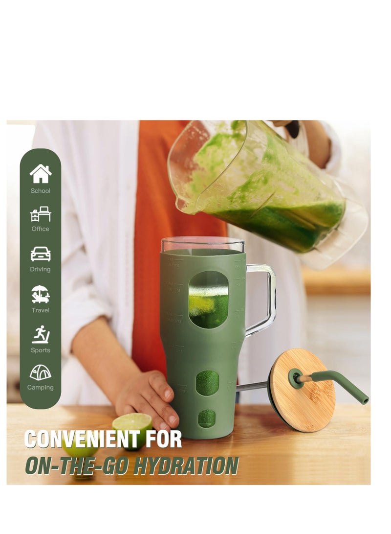 SOLARAE كوب زجاجي سعة 32 أونصة مع غطاء وقشة، زجاجات ماء زجاجية مع مقبض، كوب زجاجي مع علامة زمنية وغلاف سيليكون، يناسب حوامل الأكواب خالي من BPA - زيتون - Image 3