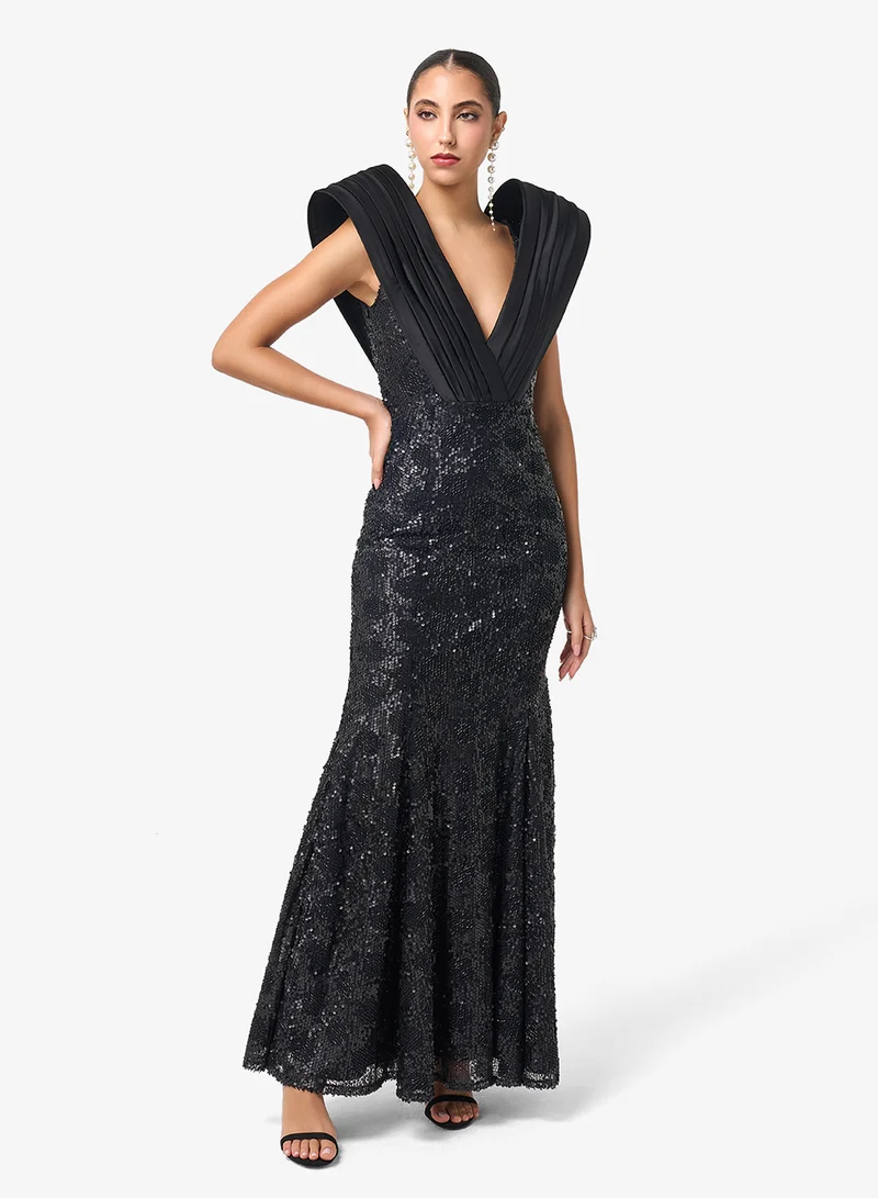 Threadz by Ajooni  Pleated Shoulder Panel V Neck Maxi Dress for Women | Best Price UAE