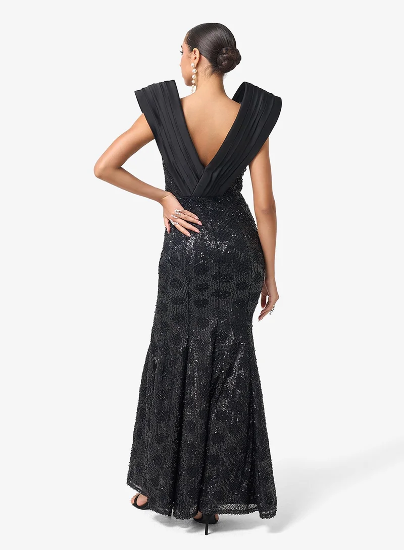 Threadz By Ajooni  Pleated Shoulder Panel V Neck Maxi Dress for Women | Best Price UAE