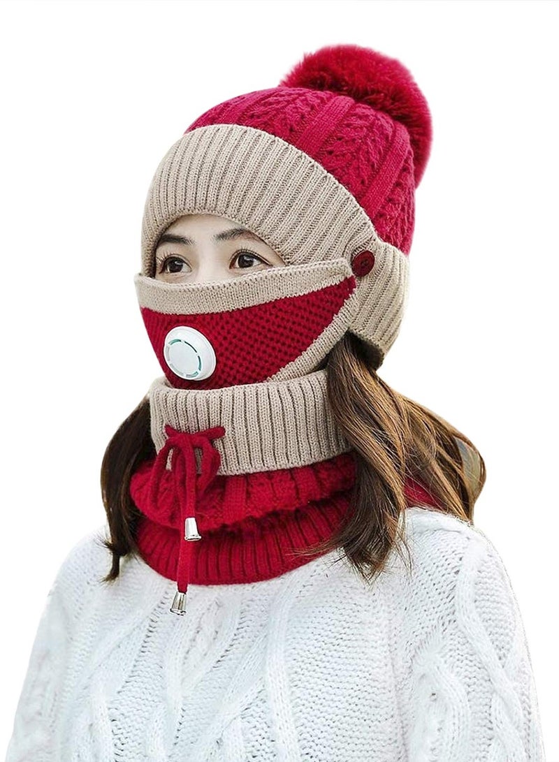 KASTWAVE 3 in 1 Winter Knitted Beanie Hat Face Neck Warmer Set for Women Girls Fleece Lining Ski Caps with Pompom - Image 3