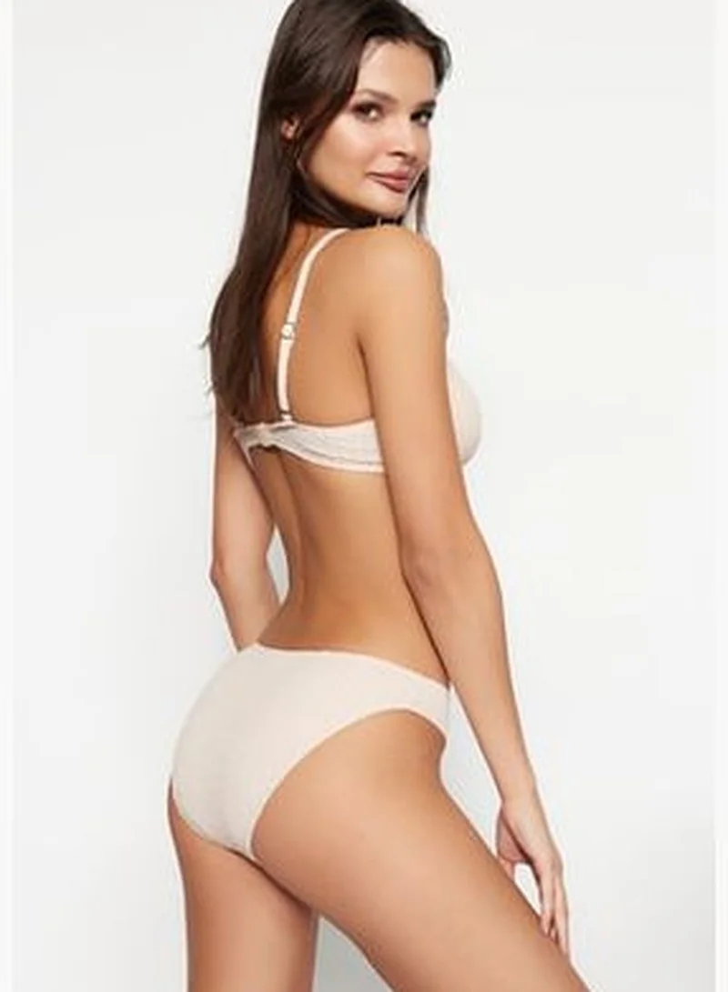 trendyol Ecru Gingham/Plaid V-Cut High Leg Bikini Bottoms, Textured TBESS21BA0130