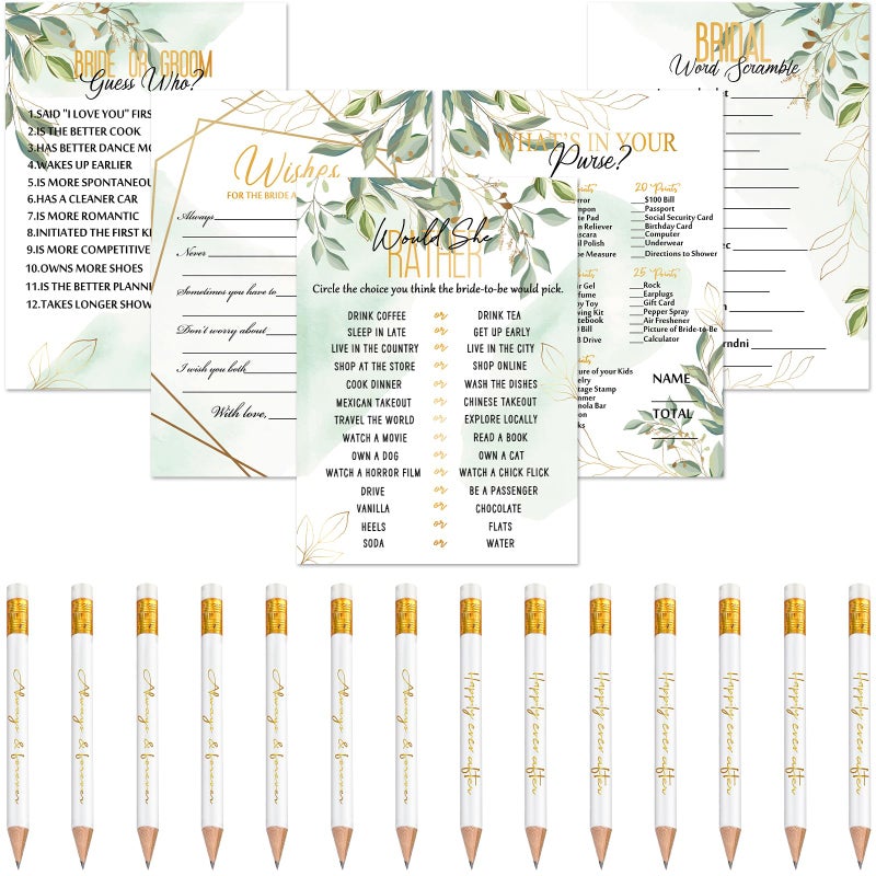 220 Pieces Bridal Shower Game Set 5 Sets 40 Cards Each Wedding Game Cards and 20 Pieces Pencils Printed Words Editable Bride Groom Wedding Bachelorette Engagement Party Supplies Green Leaves